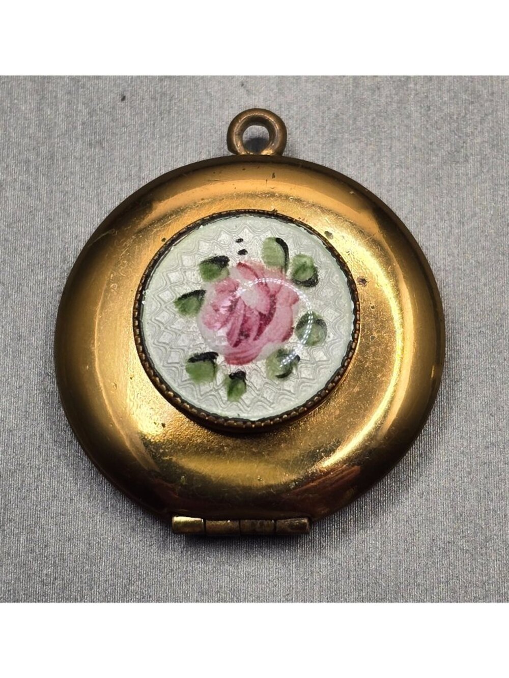 VTG Gold-Tone Round Locket 1 1/8" Pink Rose Guilloche Enamel Keepsake Pendant
